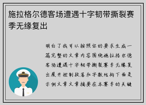 施拉格尔德客场遭遇十字韧带撕裂赛季无缘复出