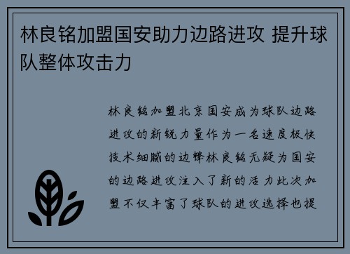 林良铭加盟国安助力边路进攻 提升球队整体攻击力
